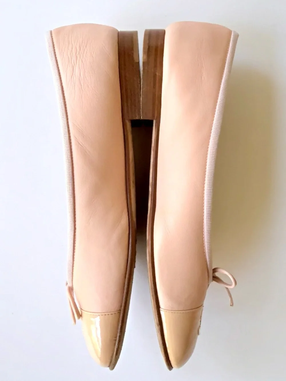 CHANEL Light Pink Leather Ballet Flats Patent CC Logo Cap Toe Size 38